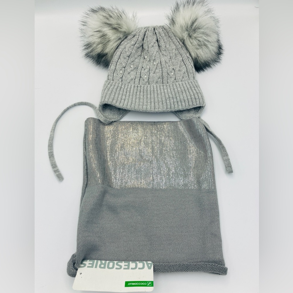 Coccodrillo Light Gray & Silver Knit Hat with Faux Fur Pom Poms & Tube Scarf